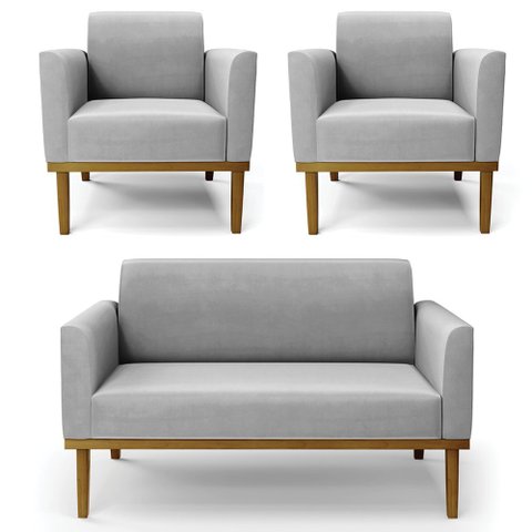 Sofá Namoradeira e 2 Poltronas Base Madeira Castanho Maressa Suede Cinza - Ibiza