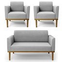 Ver imagem 1 de Sofá Namoradeira e 2 Poltronas Base Madeira Castanho Maressa Suede Cinza - Ibiza