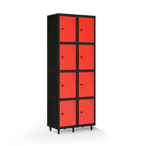 Armário Roupeiro Locker Guarda-Volume de Aço 8 Portas Pequenas com Fecho para Cadeado Vestiário Academia Vermelho/Preto