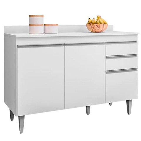Balcão para Cozinha 120 cm com Tampo 3 Portas Milena Branco