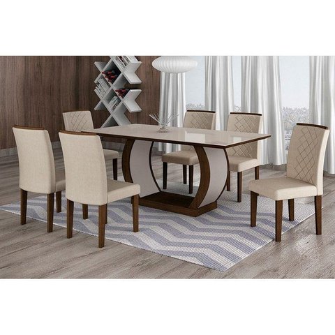 Conjunto: Mesa Sala Jantar Jade Kit 6 Un Imbuia/linho Esmeralda - Rufato