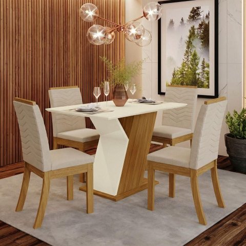 Conjunto Sala de Jantar Layla Elegance 4 Lugares Tampo MDF Cadeiras Estofadas Off White 120cm Casa