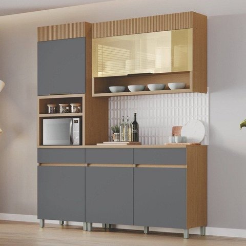 Cozinha Completa Modulada 3 Peças 5 Portas 3 Gavetas 100% MDF Vidro Reflecta Realeza Premium