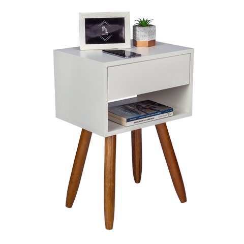 Mesa de Cabeceira Retrô 40cm Branco Gaveta e Nicho Pés Palito Madeira Maciça - Enviamos Montado
