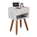Ver imagem 1 de Mesa de Cabeceira Retrô 40cm Branco Gaveta e Nicho Pés Palito Madeira Maciça - Enviamos Montado