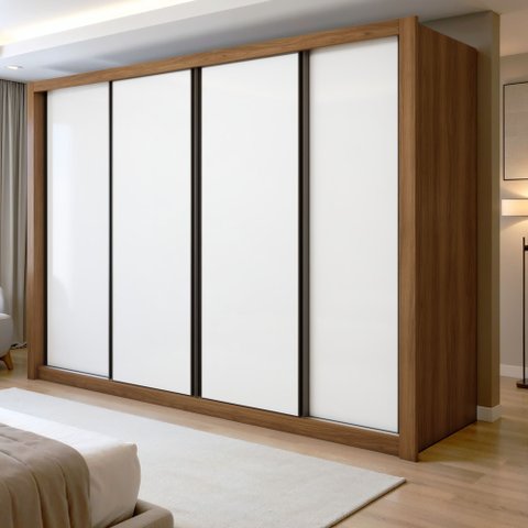 Guarda Roupa Casal Premium Liv 4 Portas de Correr e 4 Gavetas 279,3cm Yescasa Branco/Carvalho