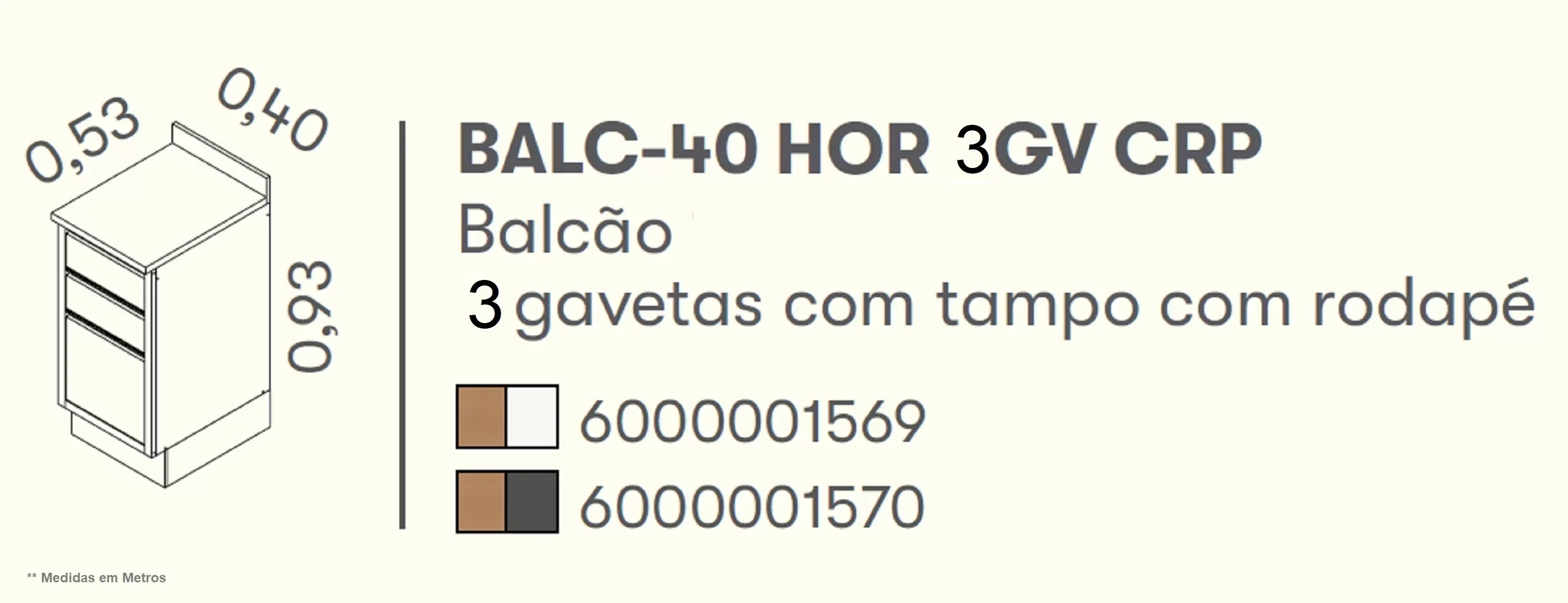 Balcão para Cozinha MDF 40cm 3 Gavetas Tampo UV com Rodapé em PVC Lisboa  - 4