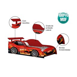 Cama Carro Racing Solteiro para Meninos Mdf - Vermelho Racing Car Relâmpago - 2