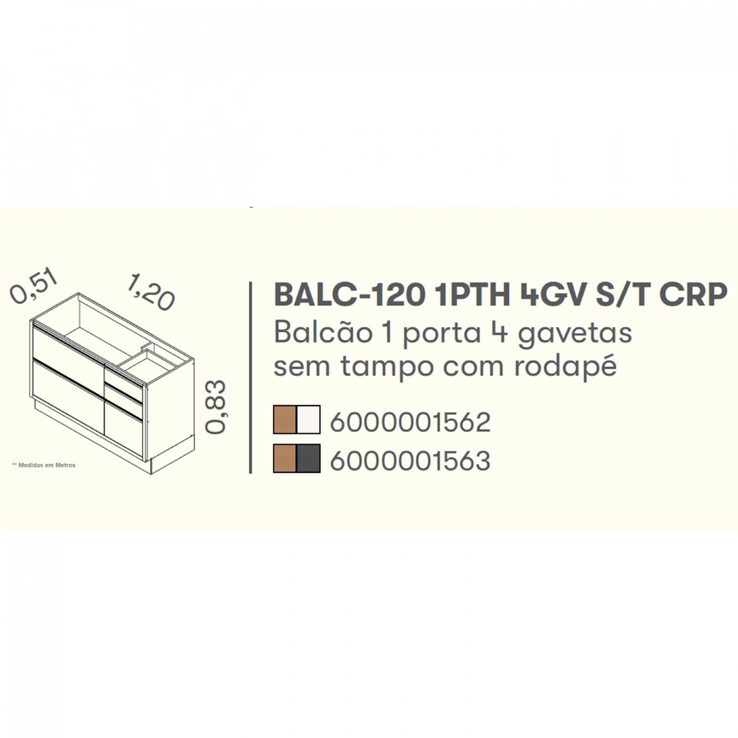 Balcão 120cm MDF 1 Porta 4 Gavetas Sem Tampo com Rodapé em PVC Lisboa  - 5