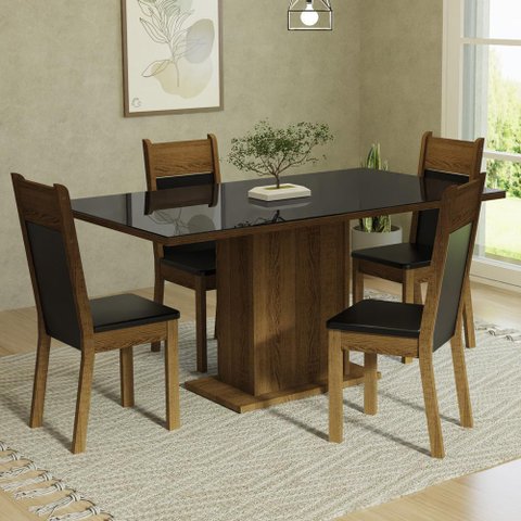 Conjunto Sala de Jantar Mesa Tampo de Vidro 4 Cadeiras Preto/rustic Greta Madesa