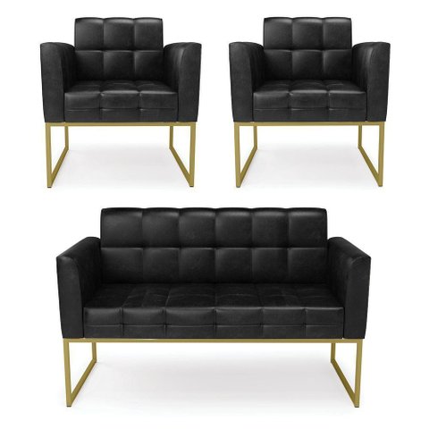Kit 1 Sofá Namoradeira e 2 Poltronas Elisa Corano Base Metálica Industrial Dourado - D'Rossi Cor