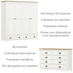 Guarda Roupa 4 Pt Comoda 8 Gv Madeira Maciça Branco Freijo Milani Store - 5