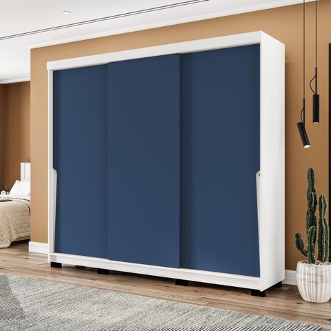 Roupeiro Porto 3 Portas de Correr 4 Gavetas 217x213cm Branco/Azul 240828