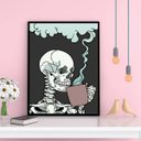 Ver imagem 2 de Quadro Decorativo Caveira Tomando Café 24x18cm - com vidro:Madeira preta