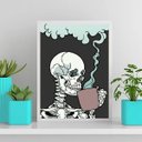 Ver imagem 1 de Quadro Decorativo Caveira Tomando Café 24x18cm - com vidro:Madeira preta