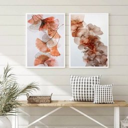 Kit 2 Quadros Flores Modernas Abstratas Tons Neutros 24x18cm - com Vidro:madeira Preta - 1