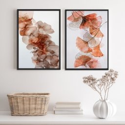 Kit 2 Quadros Flores Modernas Abstratas Tons Neutros 24x18cm - com Vidro:madeira Preta - 2