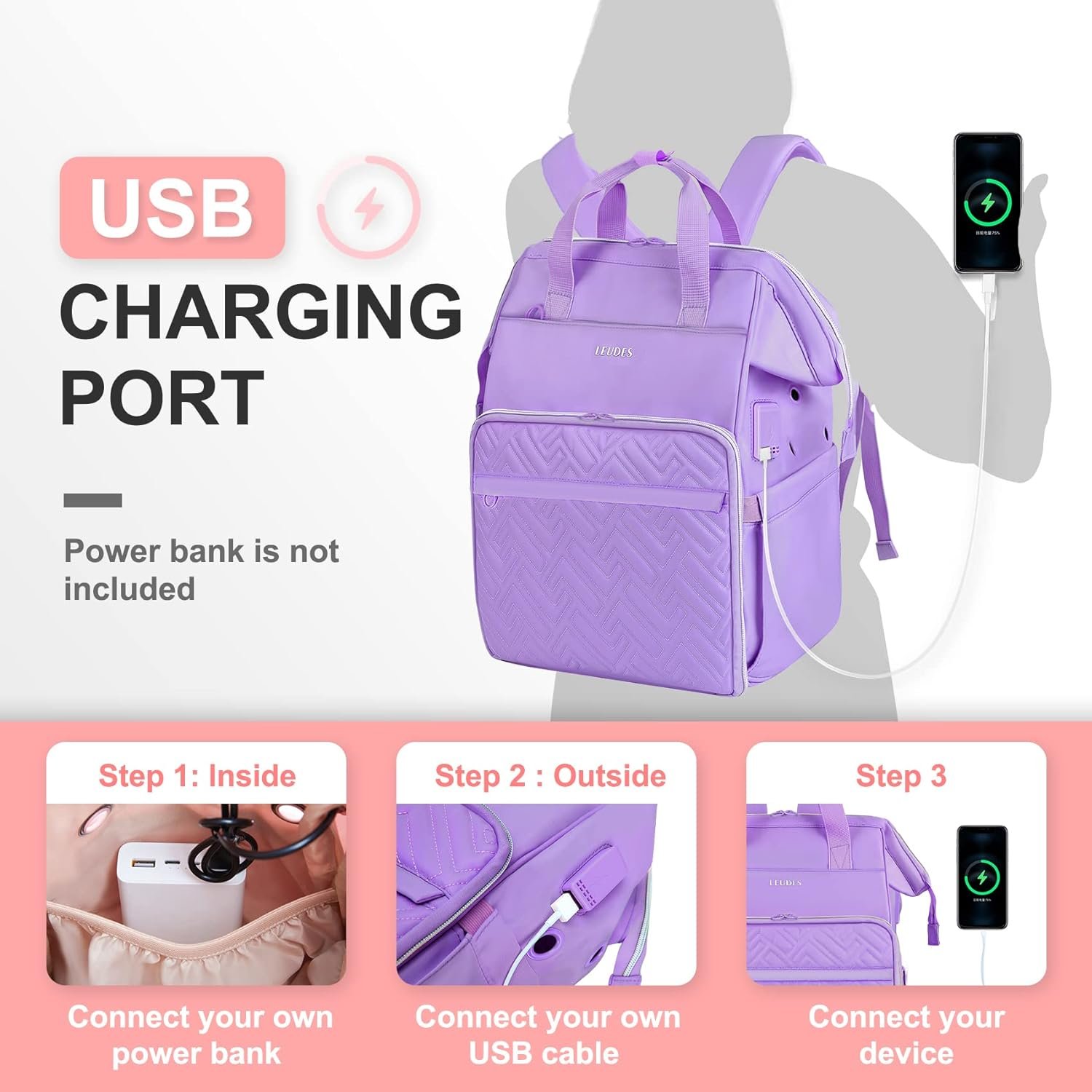Leudes Mochila Organizadora com Carregamento Usb Roxo/g - 6