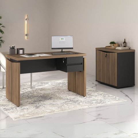 Conjunto Mesa 125,3cm Gaveteiro Suspenso Balcão 2 Portas Y37 Marrom/Nogal/Preto Artany