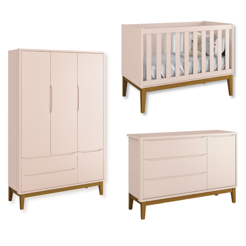 Quarto de Bebê Berço + Cômoda Sapateira + Guarda Roupa 3 Portas Rosa Classic Madeira