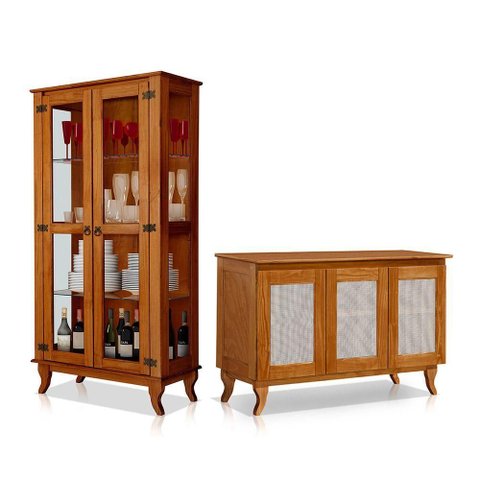 Conjunto Cristaleira e Buffet Bella Lunna 3 Portas Madeira Premium Castanho 124cm