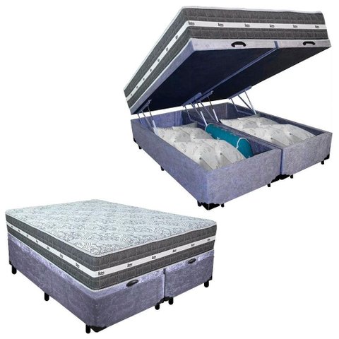 Cama Box Baú Casal Bipartido Suede + Colchão Anjos Black Graphite Molas Ensacadas 138cm Suporta At