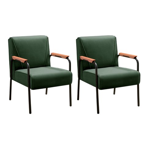 Kit 2 Poltronas Decorativas Jade Braços Fixo para Sala de Estar, Recepção - Veludo Verde