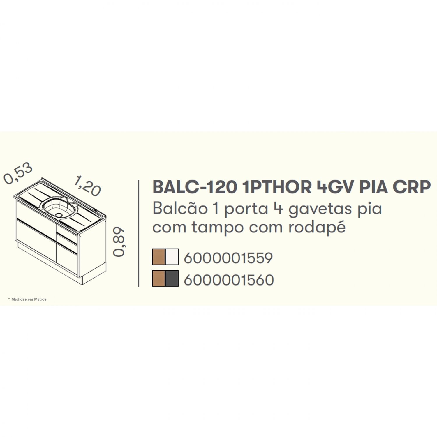 Balcão 120cm MDF 1 Porta 4 Gavetas Com Pia Inox e Rodapé em PVC Lisboa  - 5