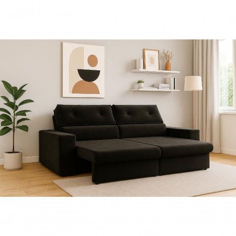 Sofá Hera 3 Lugares Retrátil e Reclinável 200cm Preto Suede