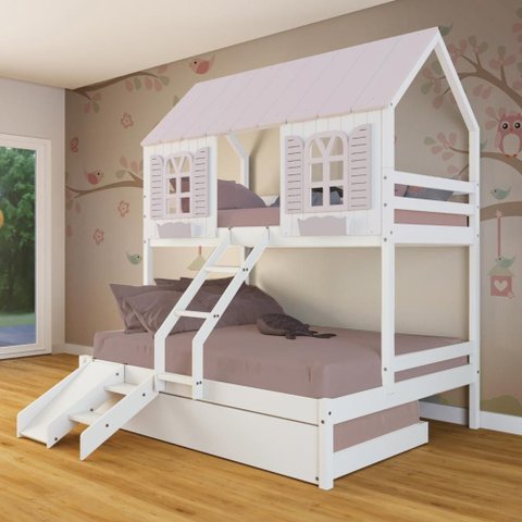 Treliche Casal/ Solteiro Casinha Bela com Kit Escada/escorregador - Madeira Maciça Branco/rosa |