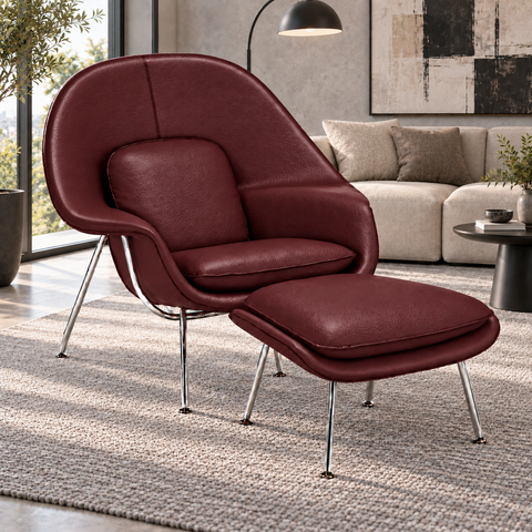 Poltrona Womb Chair com Puff em Couro Ecológico - Bordo