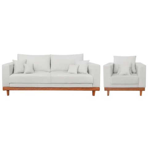 Kit Poltrona + Sofá 3 Lugares Reforçado Base Madeira Linho Cor:bege