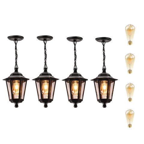 4 Pendente Colonial Preto Externo Lente Transp. Lup39 + Led