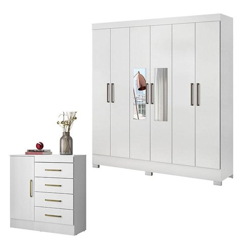 Cômoda Montevidéu e Guarda Roupa Casal Prático Branco com Espelho - Demóbile