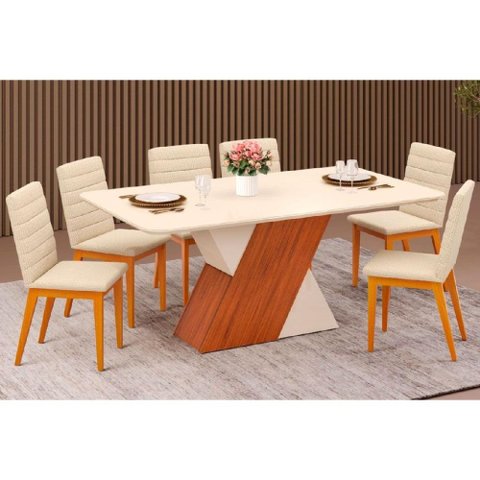 Sala de Jantar Completa Rubi C/ Tampo Madeirado C/ Vidro 170x90cm e 6 Cadeiras Sofia Freijo/off