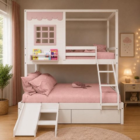 Beliche Infantil Casinha Reta Casal/ Solteiro com 02 Gavetas e Escorregador Madeira Maciça Branco/