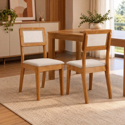 Kit 2 Cadeira de Jantar Madeira Maciça com Tela Rattan e Estofado Areia