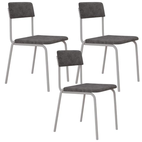 Kit 03 Cadeiras Estofada para Sala de Jantar Sense Branco C01 Linho Prata - Lyam Decor