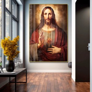 Quadro Decorativo Jesus Cristo em Moldura Caixa Tacolado Moldura Trad 1cm Madeira Escura com Vidro 2