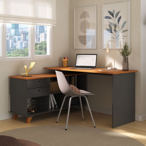 Escrivaninha Retrô em L Mesa Escritório e Home Office com e Gold 2 Gavetas 5 Nichos 145cm Preto Arta