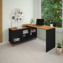 Ver imagem 5 de Escrivaninha Retrô em L Mesa Escritório e Home Office com e Gold 2 Gavetas 5 Nichos 145cm Preto Arta