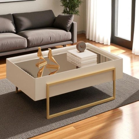 Mesa de Centro com Tampo Espelhado e Pés em Metal Dourado Kika Off White - Mabe Magazine