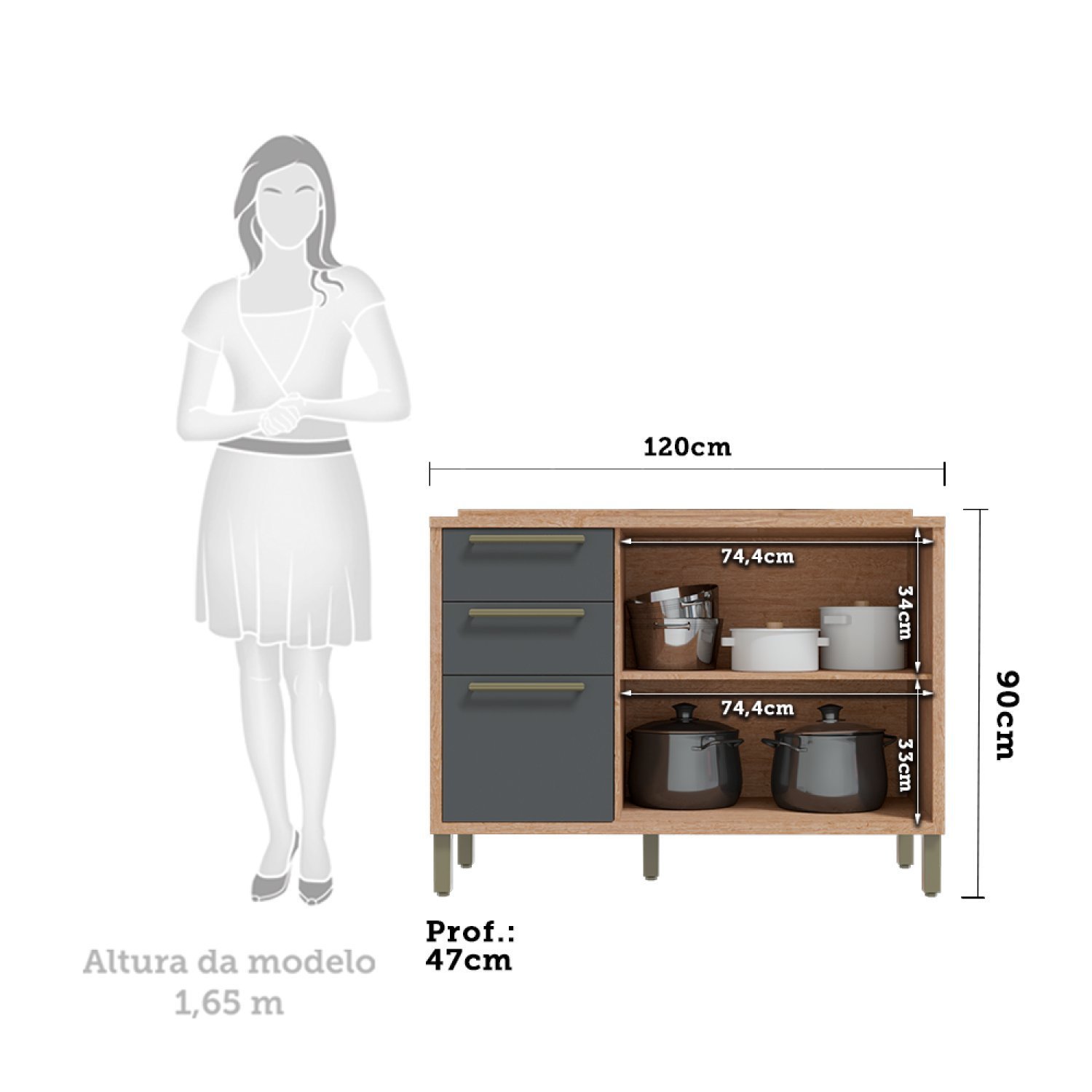 Balcão de Cozinha 120cm com 2 Portas Basculantes 3 Gavetas e Tampo 100% MDF Vicenza  - 4