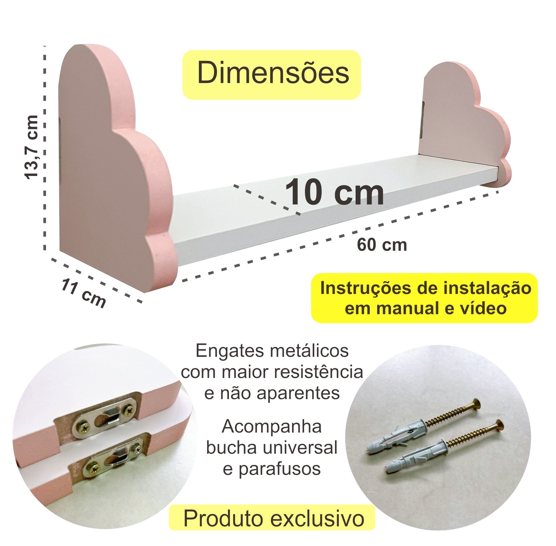 3 Prateleiras Nuvem Colorida Quarto Decoração Infantil 60cm:rosa - 5