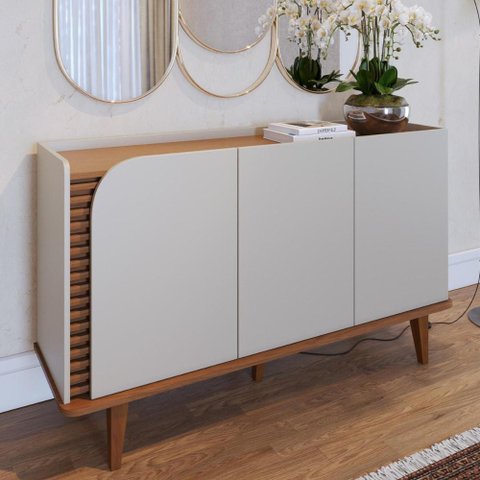 Buffet 3 Portas Detalhe Ripado Jurerê - Off White Matte / Freijó