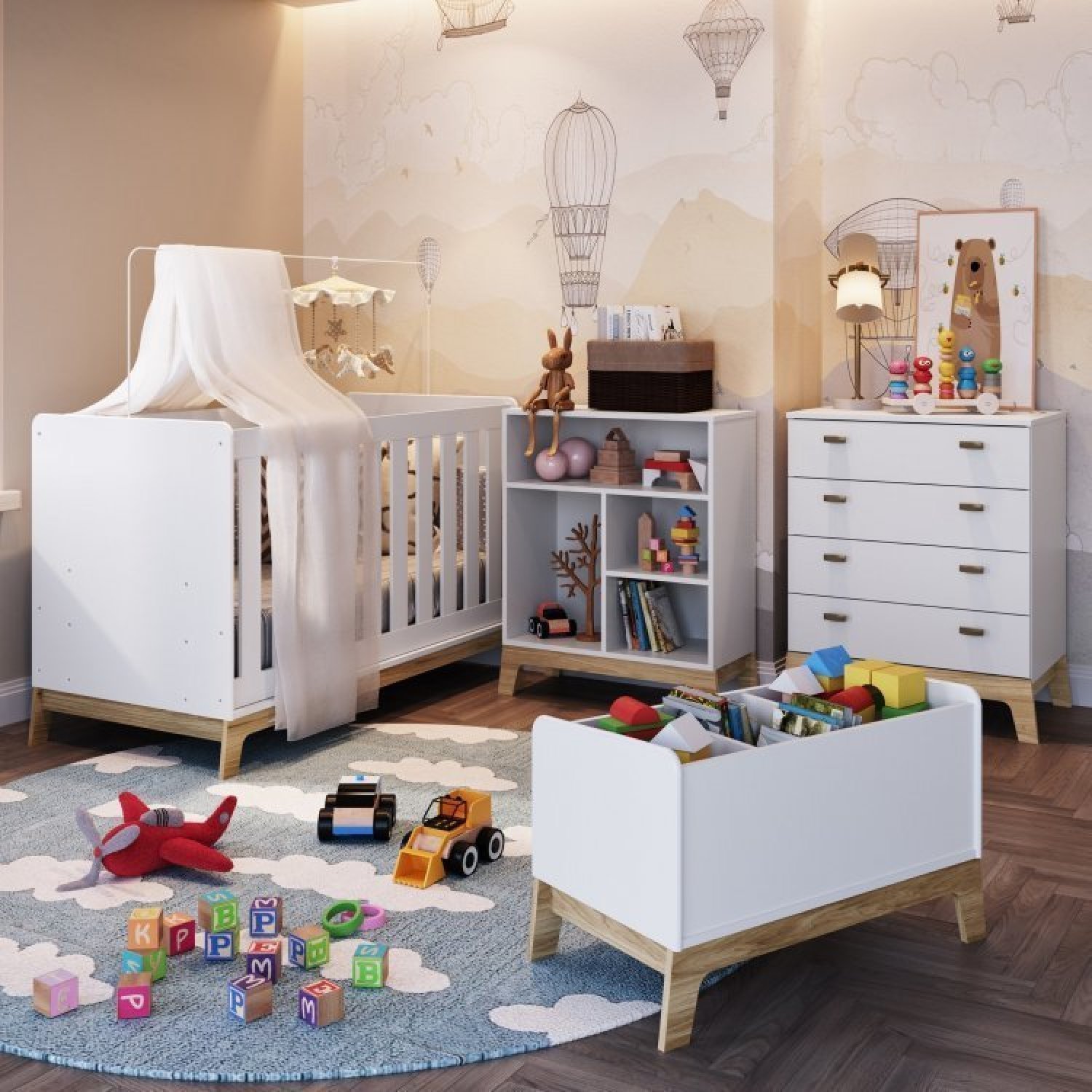 Quarto de Bebê com Berço Cômoda Estante com Nichos e Caixa de Brinquedos Favo de Mel  - 1