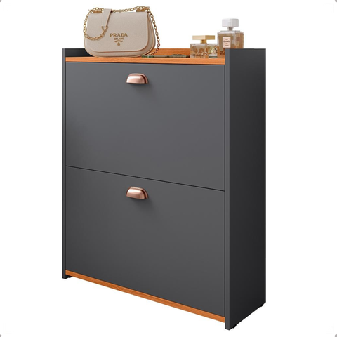 Sapateira Hall Entrada Sapatos 2 Portas Puxador Concha Closet - Cinza / Cinamomo