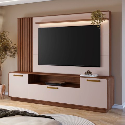 Estante Home Theater Ripado para TV até 65 Polegadas MDF 200cmx185cm 65" Detalhes Curvos e Ripados Marrom Avelã/Off