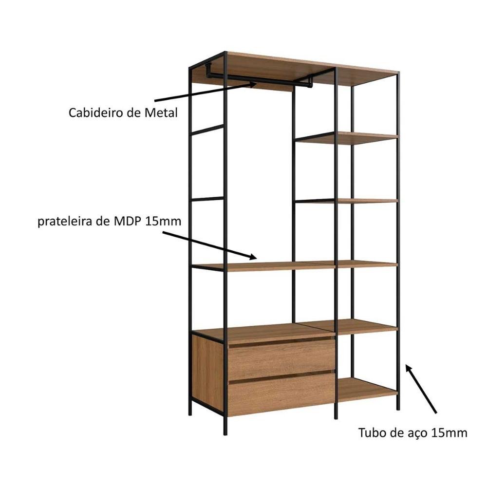 Closet Industrial com Estrutura em Aço e 2 Gavetas 1,8m Cor:preto com Mel - 3