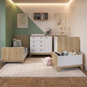 Quarto de Bebê Gêmeos com 2 Berços Cômoda Caixa de Brinquedos e 2 Nichos Favo de Mel 